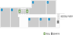1 교육체육과, 2 행정과, 3 소회의실, 4 열린공간, 5 군수실, 6 비서실 ,7 부군수실, 종합민원실이동통로