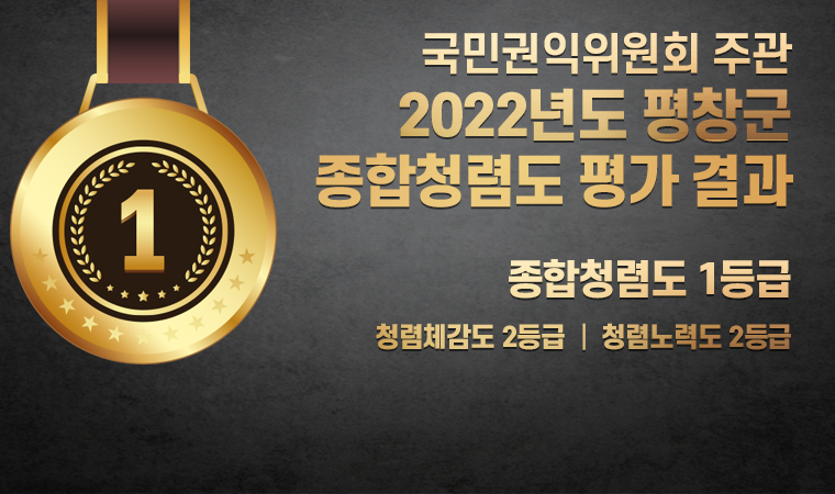국민권익위원회 주관 2022년도 평창군 종합청렴도 평가 결과 종합청렴도 1등급 청렴체감도 2등급 ┃ 청렴노력도 2등급